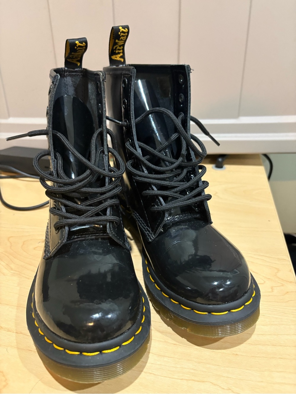 Dr. Martens Black Patent Lace-Up Boots with Yellow Stitching